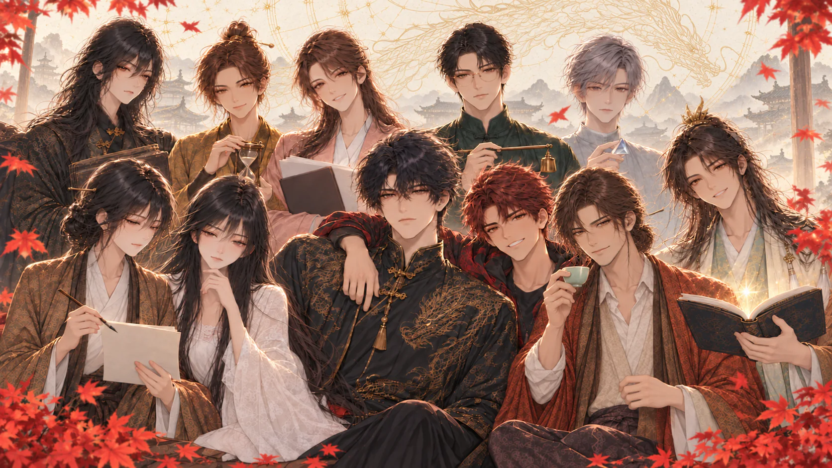 全家福：烛龙居中，燧的手臂搭在他肩上；前排从左到右是叙、伊、烛龙、燧、达、启，后排是藏、斡、曦、衡、澄；黄道晨光、远山楼阁、金龙与红枫环绕