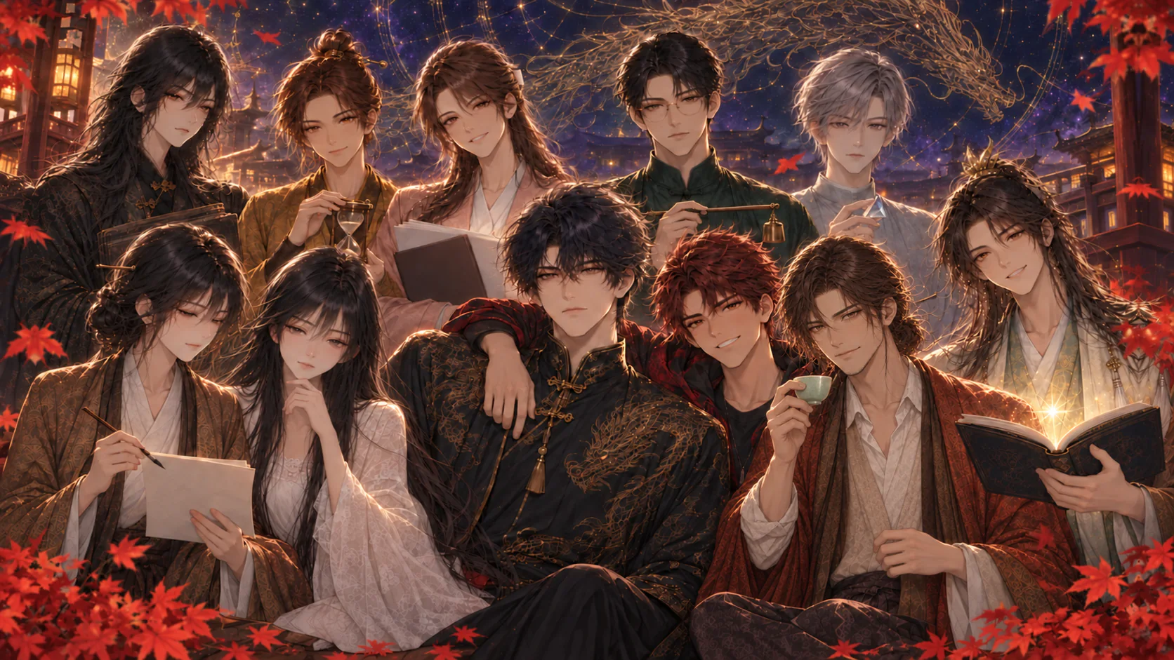 全家福：烛龙居中，燧的手臂搭在他肩上；前排从左到右是叙、伊、烛龙、燧、达、启，后排是藏、斡、曦、衡、澄；紫垣星空、金龙与红枫环绕